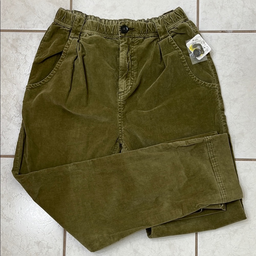 Free People Baggy High Rise Straight Leg Olive Green Corduroy Pants, size S